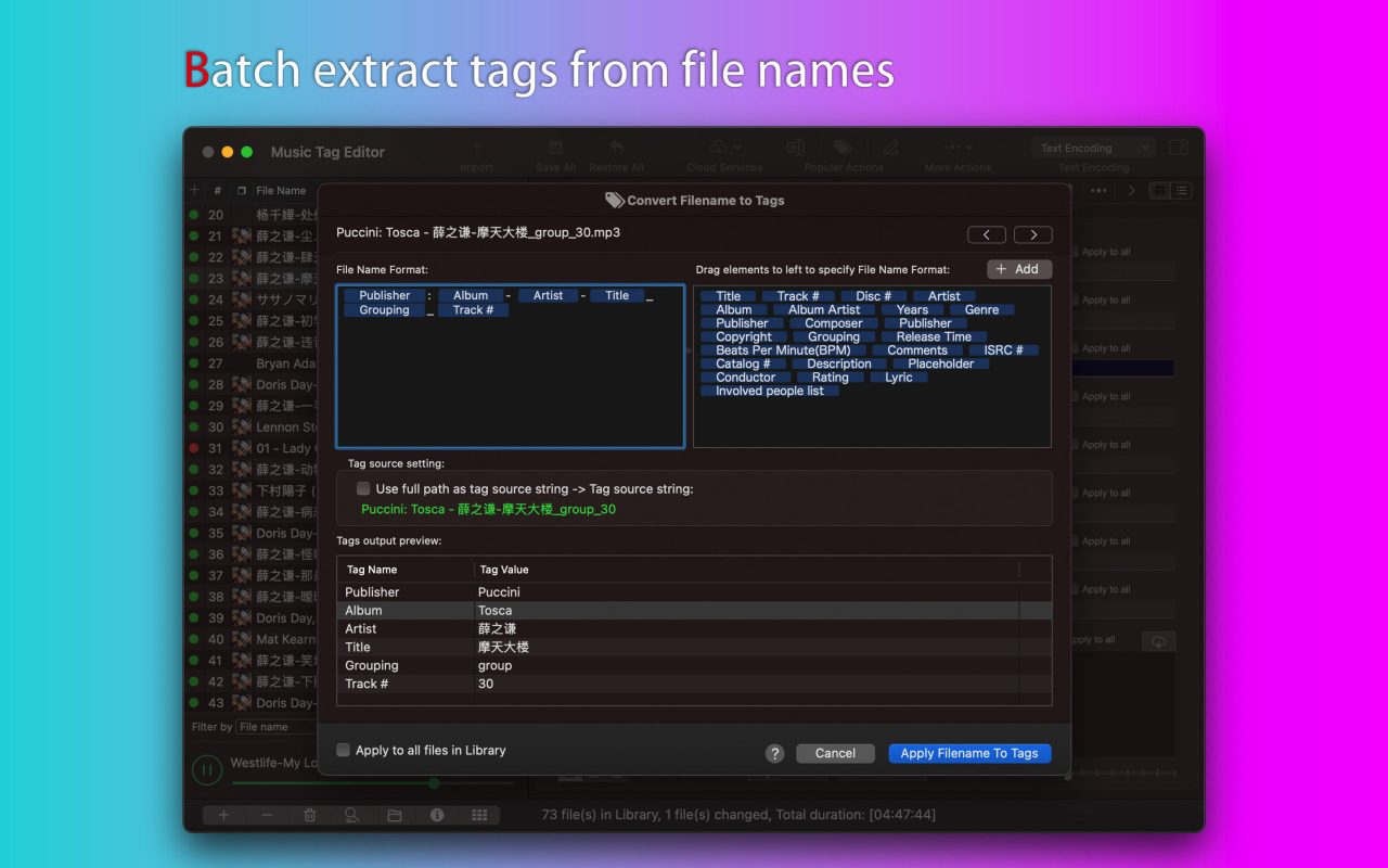 Batch extract tags from file names