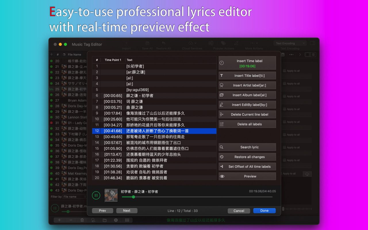 Easy-to-use professional lyric editor with real-time preview effect