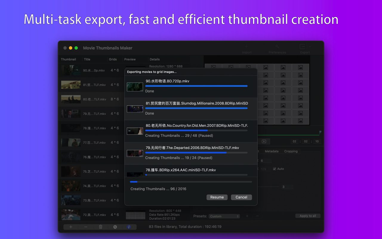 Multi-task export, fast and efficient thumbnail creation