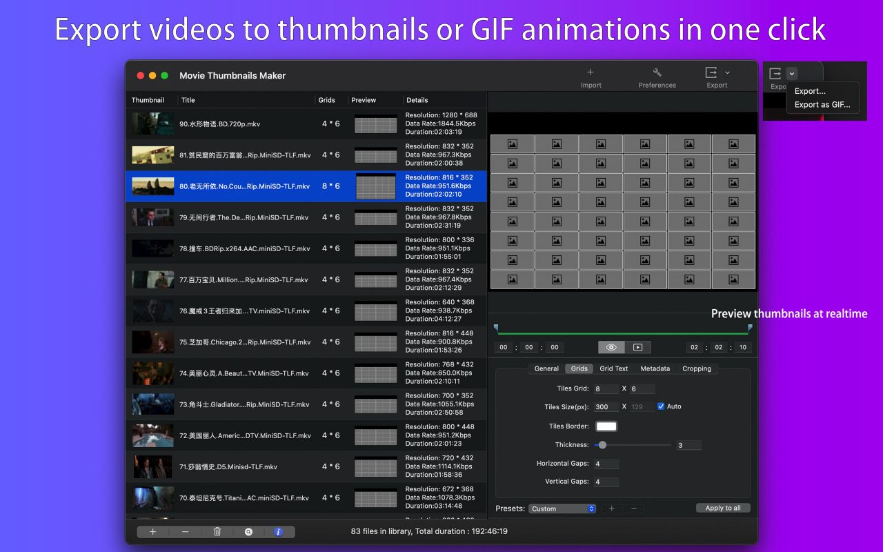 Export videos to thumbnails or GIF animations in one click