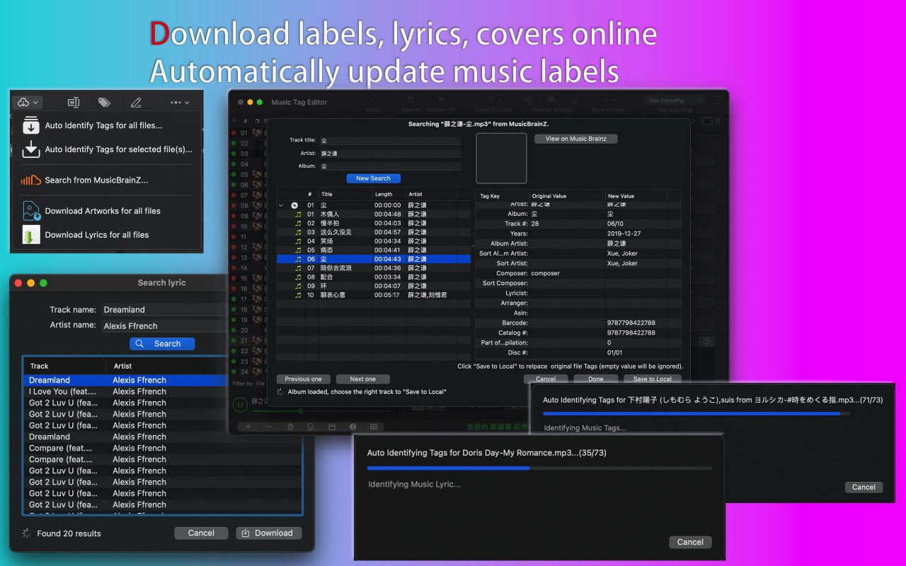 Download labels, lyric, covers online. Automatically update music labels